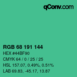 カラーコード: RGB 68 191 144 | qconv.com