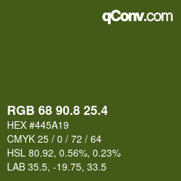 カラーコード: RGB 68 90.8 25.4 | qconv.com