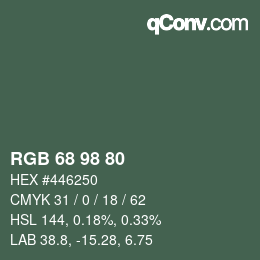 Color code: RGB 68 98 80 | qconv.com