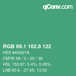 カラーコード: RGB 69.1 162.8 122 | qconv.com