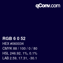 颜色代码: RGB 6 0 52 | qconv.com