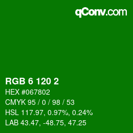 カラーコード: RGB 6 120 2 | qconv.com