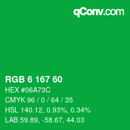カラーコード: RGB 6 167 60 | qconv.com