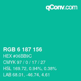 カラーコード: RGB 6 187 156 | qconv.com