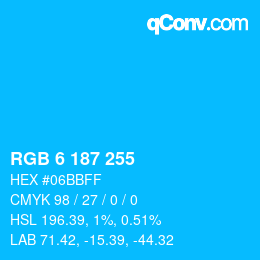 Color code: RGB 6 187 255 | qconv.com