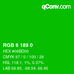 颜色代码: RGB 6 189 0 | qconv.com