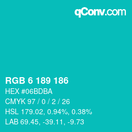 Color code: RGB 6 189 186 | qconv.com