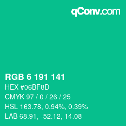 カラーコード: RGB 6 191 141 | qconv.com