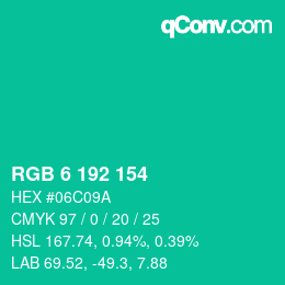 カラーコード: RGB 6 192 154 | qconv.com