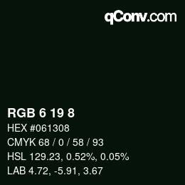 カラーコード: RGB 6 19 8 | qconv.com