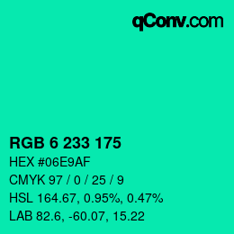 カラーコード: RGB 6 233 175 | qconv.com