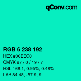 Color code: RGB 6 238 192 | qconv.com