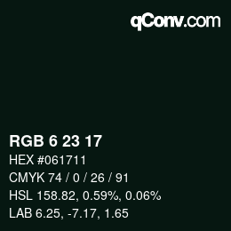 カラーコード: RGB 6 23 17 | qconv.com