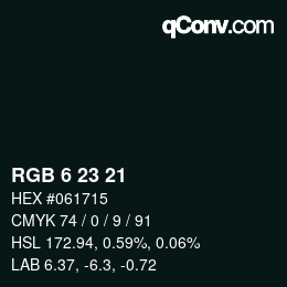 カラーコード: RGB 6 23 21 | qconv.com
