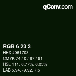 カラーコード: RGB 6 23 3 | qconv.com