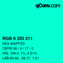 Color code: RGB 6 255 211 | qconv.com