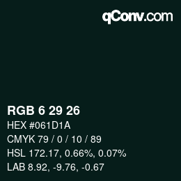 カラーコード: RGB 6 29 26 | qconv.com