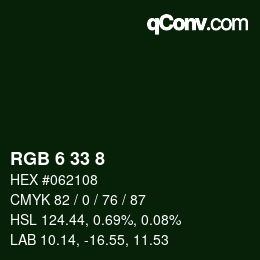 カラーコード: RGB 6 33 8 | qconv.com