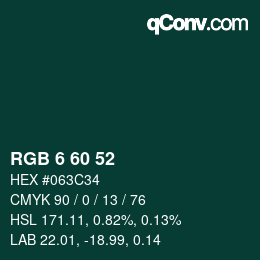 颜色代码: RGB 6 60 52 | qconv.com