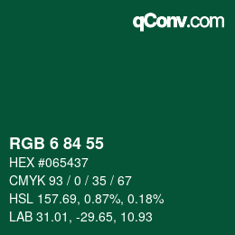 カラーコード: RGB 6 84 55 | qconv.com