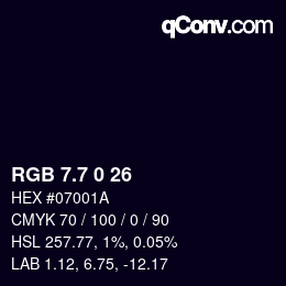 カラーコード: RGB 7.7 0 26 | qconv.com