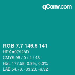 カラーコード: RGB 7.7 146.6 141 | qconv.com