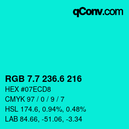 カラーコード: RGB 7.7 236.6 216 | qconv.com