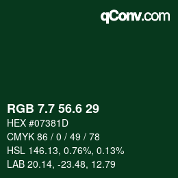 カラーコード: RGB 7.7 56.6 29 | qconv.com