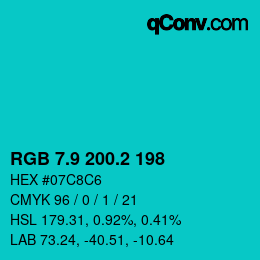 カラーコード: RGB 7.9 200.2 198 | qconv.com
