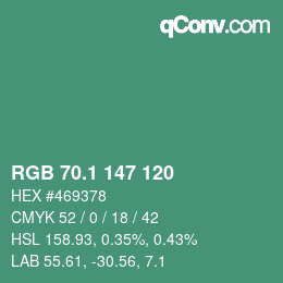 カラーコード: RGB 70.1 147 120 | qconv.com