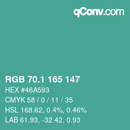 カラーコード: RGB 70.1 165 147 | qconv.com