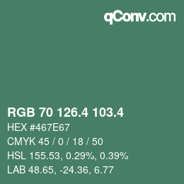 カラーコード: RGB 70 126.4 103.4 | qconv.com