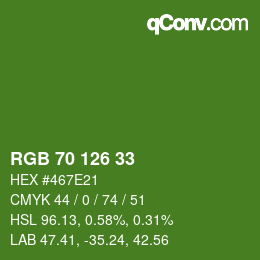 Color code: RGB 70 126 33 | qconv.com