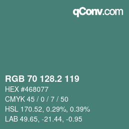 カラーコード: RGB 70 128.2 119 | qconv.com