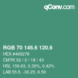 カラーコード: RGB 70 146.6 120.6 | qconv.com