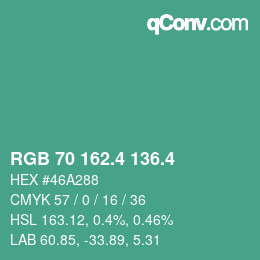 カラーコード: RGB 70 162.4 136.4 | qconv.com
