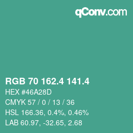 カラーコード: RGB 70 162.4 141.4 | qconv.com