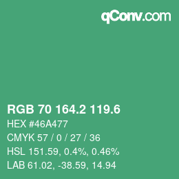 カラーコード: RGB 70 164.2 119.6 | qconv.com