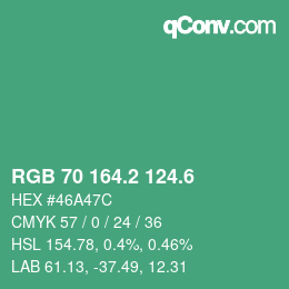 カラーコード: RGB 70 164.2 124.6 | qconv.com