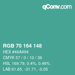カラーコード: RGB 70 164 148 | qconv.com
