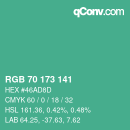 カラーコード: RGB 70 173 141 | qconv.com