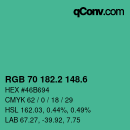 カラーコード: RGB 70 182.2 148.6 | qconv.com