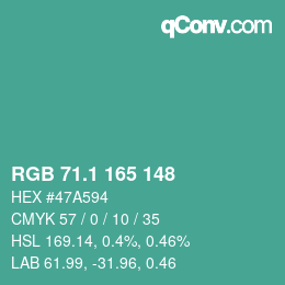 カラーコード: RGB 71.1 165 148 | qconv.com
