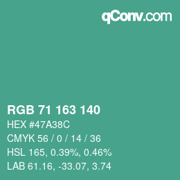 カラーコード: RGB 71 163 140 | qconv.com