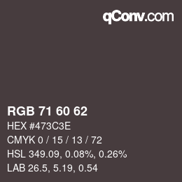 颜色代码: RGB 71 60 62 | qconv.com