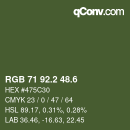 カラーコード: RGB 71 92.2 48.6 | qconv.com