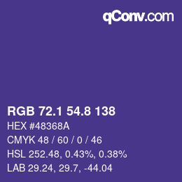 カラーコード: RGB 72.1 54.8 138 | qconv.com