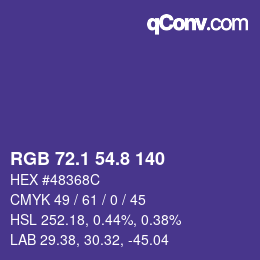 カラーコード: RGB 72.1 54.8 140 | qconv.com