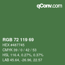 Color code: RGB 72 119 69 | qconv.com