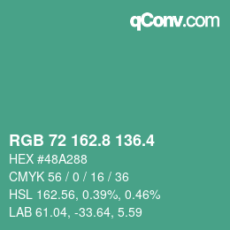 カラーコード: RGB 72 162.8 136.4 | qconv.com